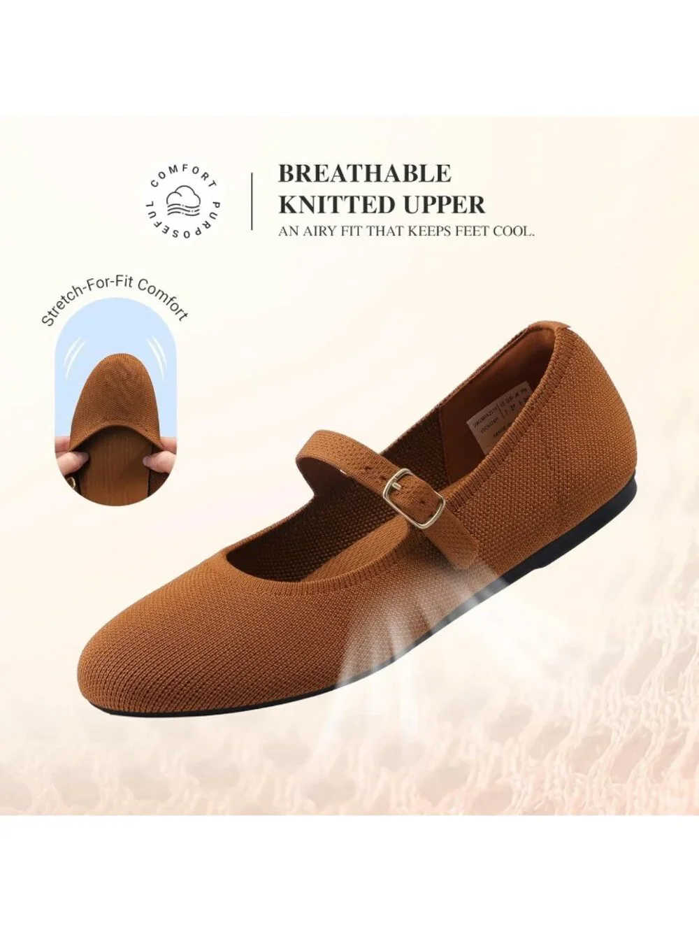 Women's Brown Knit Mary Jane Ballet Flat Comfortable For Casual Office Shoes